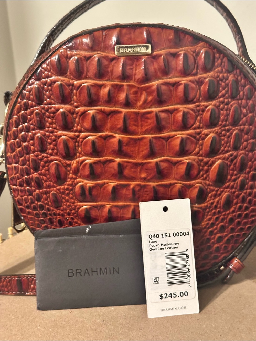 Brahmin Pecan Melbourne Croc-Embossed Round Crossbody